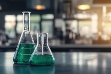 Green Liquid in Laboratory Glassware with Blurred Background of Scientific Research Environment in a Modern Lab Setting