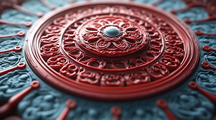 Fototapeta premium Intricate circular design featuring floral patterns in red and blue tones.