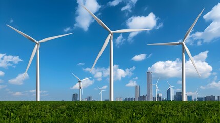 Wind Turbines in Green Field with City Skyline Under Blue Sky