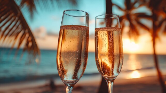 Two champagne glasses are filled with bubbly drink, positioned against the backdrop of a breathtaking beach sunset and silhouetted palm trees, evoking relaxation. - Powered by Adobe