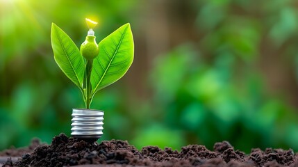Green Plant Growing from Light Bulb in Earthy Soil Background