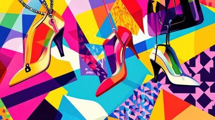 Vibrant, colorful background: stylized fashion accessories (handbags, heels, jewelry) on abstract geometric pattern. For fashion presentations.