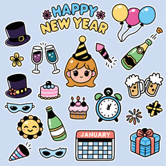 Happy New Year Party Doodle Clipart Set Vector Illustrations Greeting Cards Decoration