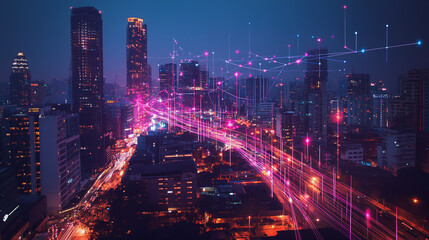 Fototapeta premium Smart digital Innovation city with connection network reciprocity over the cityscape. of future smart wireless digital city and social media networking systems that connects people with in city