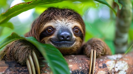 Fototapeta premium Relaxed Sloth Peeking Through Green Leaves in Tropical Environment