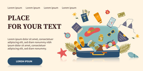 Travel banner with opened suitcase and flying travel objects around. Concept of family travel, vacation, business trip. Vector hand drawn flat style background. © Julia Anisimova