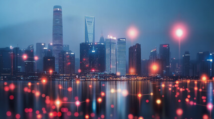 Obraz premium Smart digital Innovation city with connection network reciprocity over the cityscape. of future smart wireless digital city and social media networking systems that connects people with in city