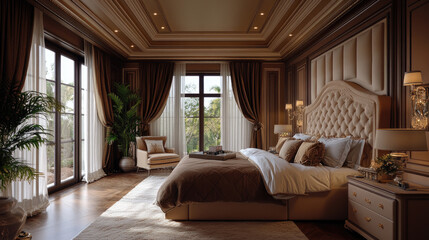 This luxurious bedroom showcases a modern design with mocha mousse colors, featuring a plush bed, elegant furnishings, and a large window that frames lush greenery outside