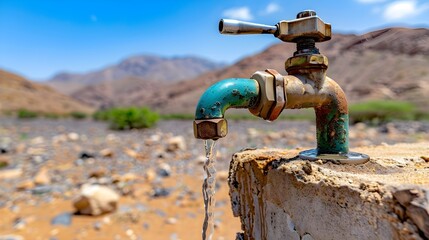 Old Water Faucet Dripping in Arid Desert Landscape Under Blue Sky