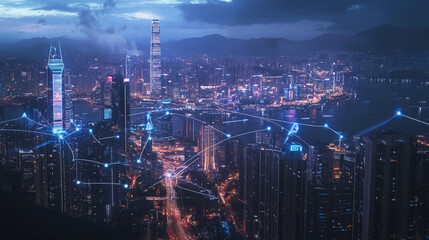 Fototapeta premium Smart digital Innovation city with connection network reciprocity over the cityscape. of future smart wireless digital city and social media networking systems that connects people with in city