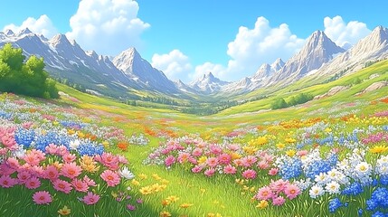 Vibrant wildflowers bloom in a picturesque alpine valley.