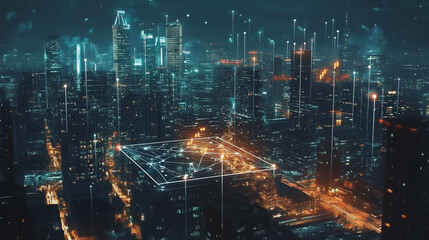 Smart digital Innovation city with connection network reciprocity over the cityscape. of future smart wireless digital city and social media networking systems that connects people with in city