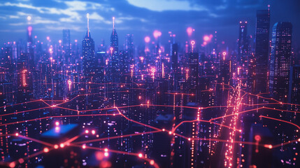 Smart digital Innovation city with connection network reciprocity over the cityscape. of future smart wireless digital city and social media networking systems that connects people with in city