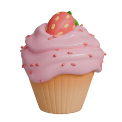 3D Cartoon-Style Cupcake with Strawberry and Whipped Cream