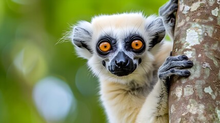 Fototapeta premium Playful Lemur with Striking Orange Eyes Climbing a Tree