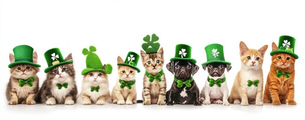 Adorable Cats in Green Hats and Bowties Celebrating St. Patrick's Day with Clover Accessories and Festive Atmosphere