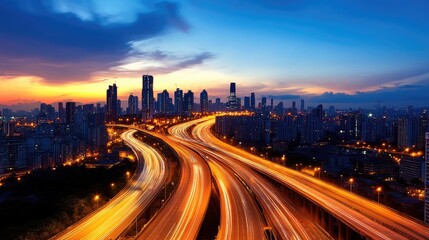 Fototapeta premium Dynamic Cityscape at Dusk with Illuminated Highways and Modern Skyline Under a Vibrant Sunset Sky