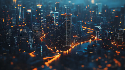 Smart digital Innovation city with connection network reciprocity over the cityscape. of future smart wireless digital city and social media networking systems that connects people with in city