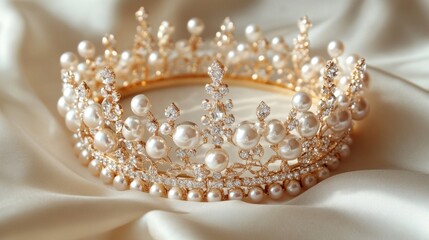 Elegant Golden Crown Decorated with Pearls and Crystals on Silk