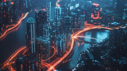 Obraz premium Smart digital Innovation city with connection network reciprocity over the cityscape. of future smart wireless digital city and social media networking systems that connects people with in city