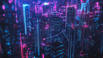 Smart digital Innovation city with connection network reciprocity over the cityscape. of future smart wireless digital city and social media networking systems that connects people with in city