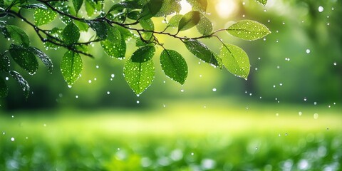 Close-Up of Green Leaves in the Rain with Water Droplets