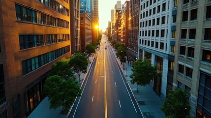 Fototapeta premium Urban Street at Sunset with Skyscrapers and Trees Lining the Road in a Modern Cityscape