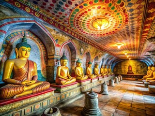 Fototapeta premium Dambulla Cave Temple, Sri Lanka: Ancient Buddhist Sculptures and Wall Paintings with Bokeh Effect
