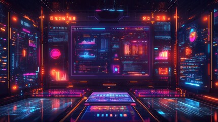 Fototapeta premium Futuristic control room with vibrant digital displays showing data analytics.