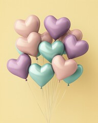 Herzballons in Pastelltönen vor gelbem Hintergrund