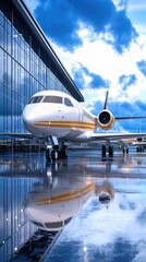 Fototapeta premium Luxurious Private Jet Parked at Modern Airport Terminal with Reflective Glass Windows and Dramatic Cloudy Sky
