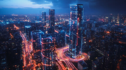 Fototapeta premium smart, digital, city, connection, network, innovation, Smart digital Innovation city with connection network reciprocity over the cityscape. of future smart wireless digital city and social media netw