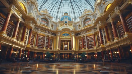Obraz premium Opulent interior library with books and vaulted dome ceiling.