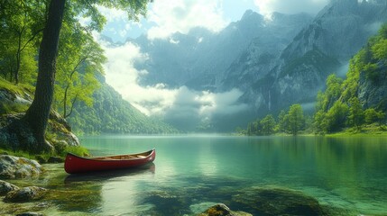 A serene lake scene featuring a red canoe amidst lush mountains and clear water.