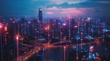 Fototapeta premium smart, digital, city, connection, network, innovation, Smart digital Innovation city with connection network reciprocity over the cityscape. of future smart wireless digital city and social media netw