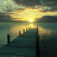 Sunset over the Lake: Serene Dock and Golden Sky