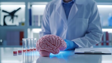 Scientist in lab coat examining glowing brain model under soft blue light. Alzheimer's research, neuroscience, laboratory research, health, aging, medical innovation