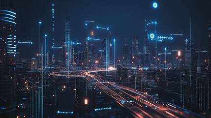 smart, digital, city, connection, network, innovation, Smart digital Innovation city with connection network reciprocity over the cityscape. of future smart wireless digital city and social media netw