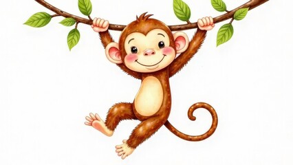 Illustration of a monkey hanging on a tree on a white background.