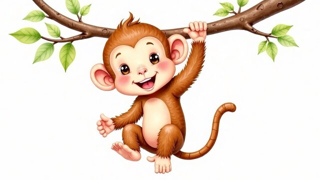 Illustration of a monkey hanging on a tree on a white background.