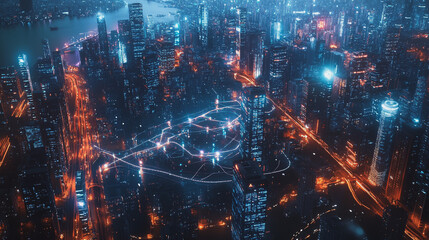 smart, digital, city, connection, network, innovation, Smart digital Innovation city with connection network reciprocity over the cityscape. of future smart wireless digital city and social media netw