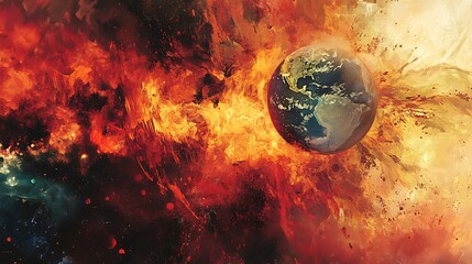 Fiery Digital Painting: Planet Earth Explodes in Cosmic Inferno. AI Generated