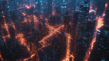 Naklejka premium smart, digital, city, connection, network, innovation, Smart digital Innovation city with connection network reciprocity over the cityscape. of future smart wireless digital city and social media netw