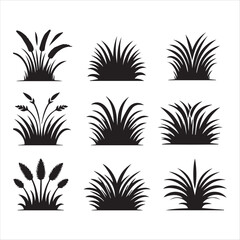 Simple black and white vector graphic showing four square framed pictures with landscape scenes.