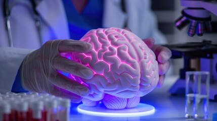 Scientist in lab coat examining glowing brain model under soft blue light. Alzheimer's research, neuroscience, laboratory research, health, aging, medical innovation
