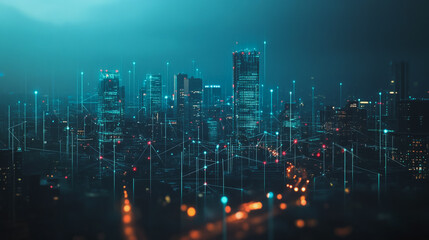 Fototapeta premium smart, digital, city, connection, network, innovation, Smart digital Innovation city with connection network reciprocity over the cityscape. of future smart wireless digital city and social media netw