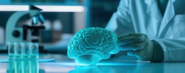 Scientist in lab coat examining glowing brain model under soft blue light. Alzheimer's research, neuroscience, laboratory research, health, aging, medical innovation