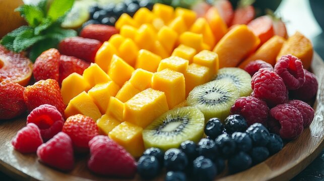 A vibrant fruit tray features an array of fresh fruits, such as mango, kiwi, strawberries, and blueberries, intricately displayed for a delightful and healthy treat.