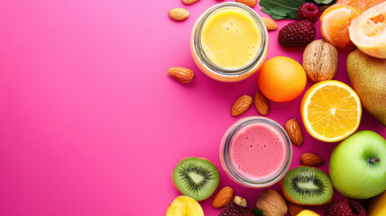 Vibrant food banner: healthy smoothies, nuts, fruits. Text: "Fresh & Nutritious." Delicious, healthy, promotional.