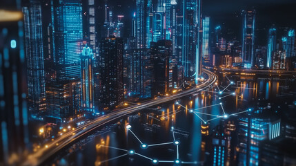 Obraz premium smart, digital, city, connection, network, innovation, Smart digital Innovation city with connection network reciprocity over the cityscape. of future smart wireless digital city and social media netw